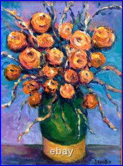 Oil Painting ORANGE FLOWERS IN OLIVE JAR Vase Original Still Life Framed Donalee