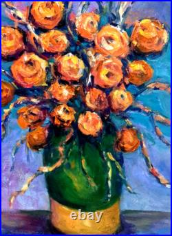 Oil Painting ORANGE FLOWERS IN OLIVE JAR Vase Original Still Life Framed Donalee