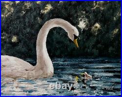 Oil Painting Swan with Baby Chick in Lake Birds Landscape Animal Art A. Joli