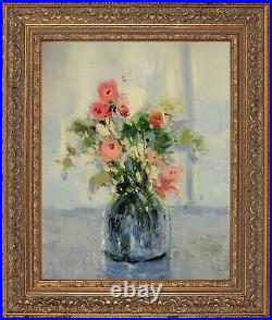Oil Painting with Gold Frame, Elegant Pink Bouquet Still Life, Signed Eric Son