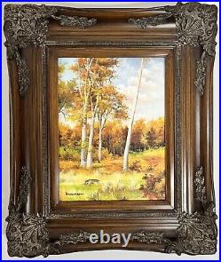 Oil on Canvas Fall Colors Landscape Painting Massive Ornate Wood Frame