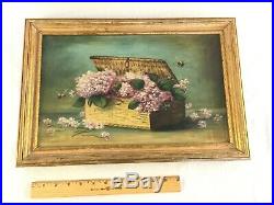 Oil on Canvas Original Art Painting Bee's and Flowers in Basket Vintage Antique