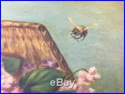 Oil on Canvas Original Art Painting Bee's and Flowers in Basket Vintage Antique