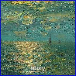 Oil on canvas. Original Paintings. Sea, River, Sailboat, Sky. Impressionism