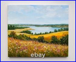 Oil painting Country Landscape Original Art On Canvas River Fields Trees 12 x 14