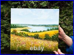 Oil painting Country Landscape Original Art On Canvas River Fields Trees 12 x 14