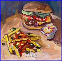 Oil painting ORIGINAL art Burger wall art fast food fries artwork 12x12