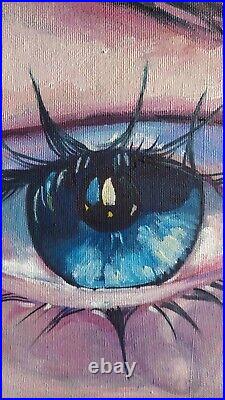 Oil painting on canvas original art with blue eye with tear on black background