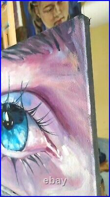 Oil painting on canvas original art with blue eye with tear on black background