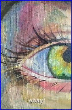 Oil painting on canvas original art with green eye portrait on black background