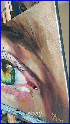 Oil painting on canvas original art with green eye portrait on black background
