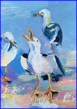 Oil painting on canvas original art with three birds seagulls on the coast