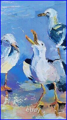 Oil painting on canvas original art with three birds seagulls on the coast