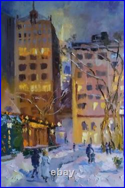 Oil painting on canvas original hand made art with city snowy winter evening