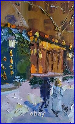 Oil painting on canvas original hand made art with city snowy winter evening