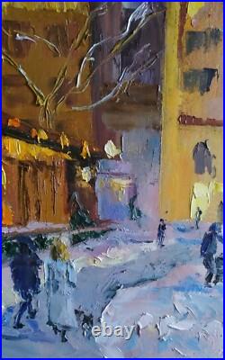 Oil painting on canvas original hand made art with city snowy winter evening