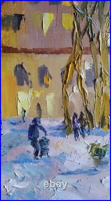 Oil painting on canvas original hand made art with city snowy winter evening