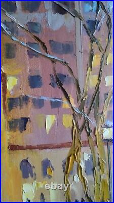 Oil painting on canvas original hand made art with city snowy winter evening