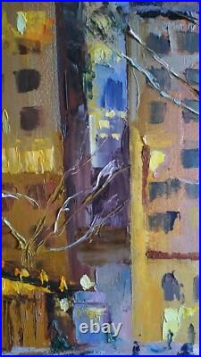 Oil painting on canvas original hand made art with city snowy winter evening