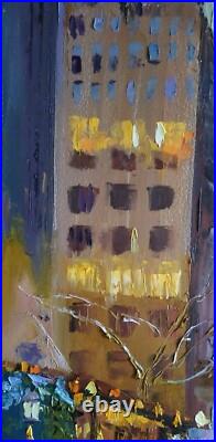 Oil painting on canvas original hand made art with city snowy winter evening