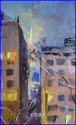 Oil painting on canvas original hand made art with city snowy winter evening