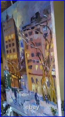 Oil painting on canvas original hand made art with city snowy winter evening