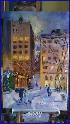 Oil painting on canvas original hand made art with city snowy winter evening