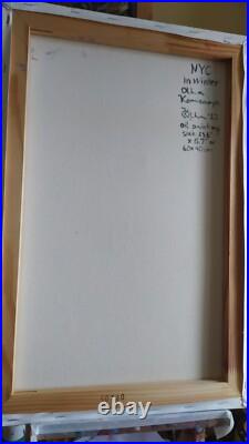 Oil painting on canvas original hand made art with city snowy winter evening