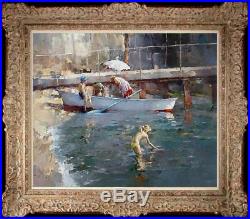 Oil painting original Art Impressionism Landscape boat on canvas 20x24