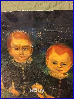 Old Antique Or Vintage Original Folk Art Oil On Canvas Painting 2 Young Boys