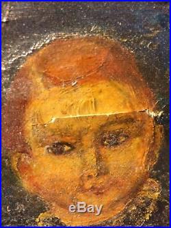 Old Antique Or Vintage Original Folk Art Oil On Canvas Painting 2 Young Boys