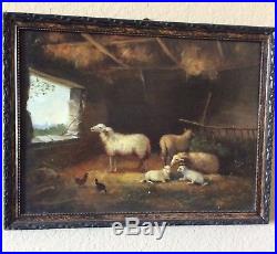 Old Original Oil Paintingsheep And Chickens In The Barn On Canvas With Signed