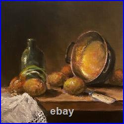 Onion, Potatoes, Bottle and Copper. Acrylic on Canvas Board. 8x 8. Original