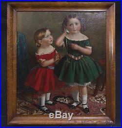 Original 1800's Early Americana Oil on Canvas In Period Frame 2 Girls