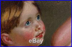 Original 1800's Early Americana Oil on Canvas In Period Frame 2 Girls