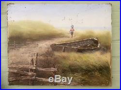 Original 1900s Signed Oil Painting on Canvas, Coastal Maritime Scene, Art Deco