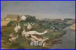 Original 19th Century Oil On Canvas Folk Art Farm Geese Signed N. GREEN