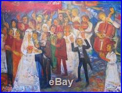 Original Abraham Yakin Signed Oil On Canvas Painting Jewish Wedding Israel