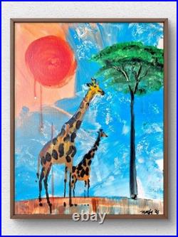 Original Abstract 11x14 Acrylic Painting Canvas Landscape Animals Signed Art A79