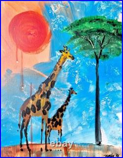 Original Abstract 11x14 Acrylic Painting Canvas Landscape Animals Signed Art A79