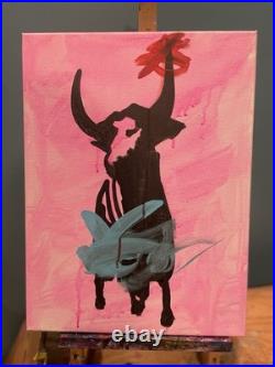 Original Abstract Bull Flower Acrylic Painting Signed Art on Canvas Pink 12x16