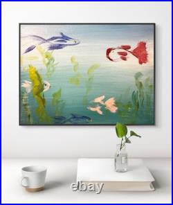 Original Abstract Expressionism 11x14 Fishes Handmade Signed Unique Fine Art 65