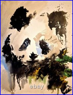 Original Acrylic 11x14 Abstract Panda Painting Signed Neutral Canvas Wall Art 64