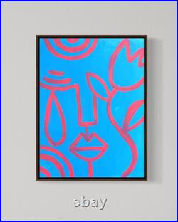 Original Acrylic 12x16 Abstract Face Neon Blue Pink Bold Line Art Canvas Wall
