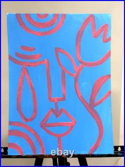 Original Acrylic 12x16 Abstract Face Neon Blue Pink Bold Line Art Canvas Wall