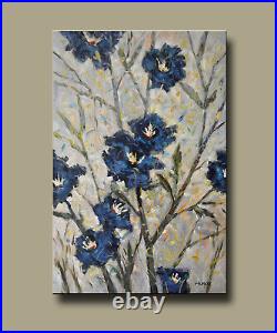 Original Acrylic Painting Flower Art on Canvas Blue flora by Hunoz 24x 36