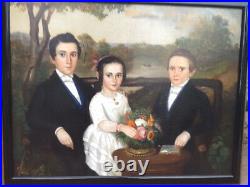 Original American Federal Period Primative Three Figure Family Portrait Painting