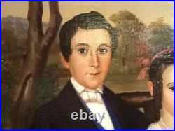 Original American Federal Period Primative Three Figure Family Portrait Painting