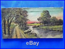 Original Antique 1750's-1800's Oil on Canvas Painting 24 x 12 in. Country View