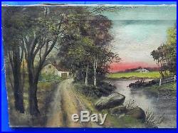Original Antique 1750's-1800's Oil on Canvas Painting 24 x 12 in. Country View